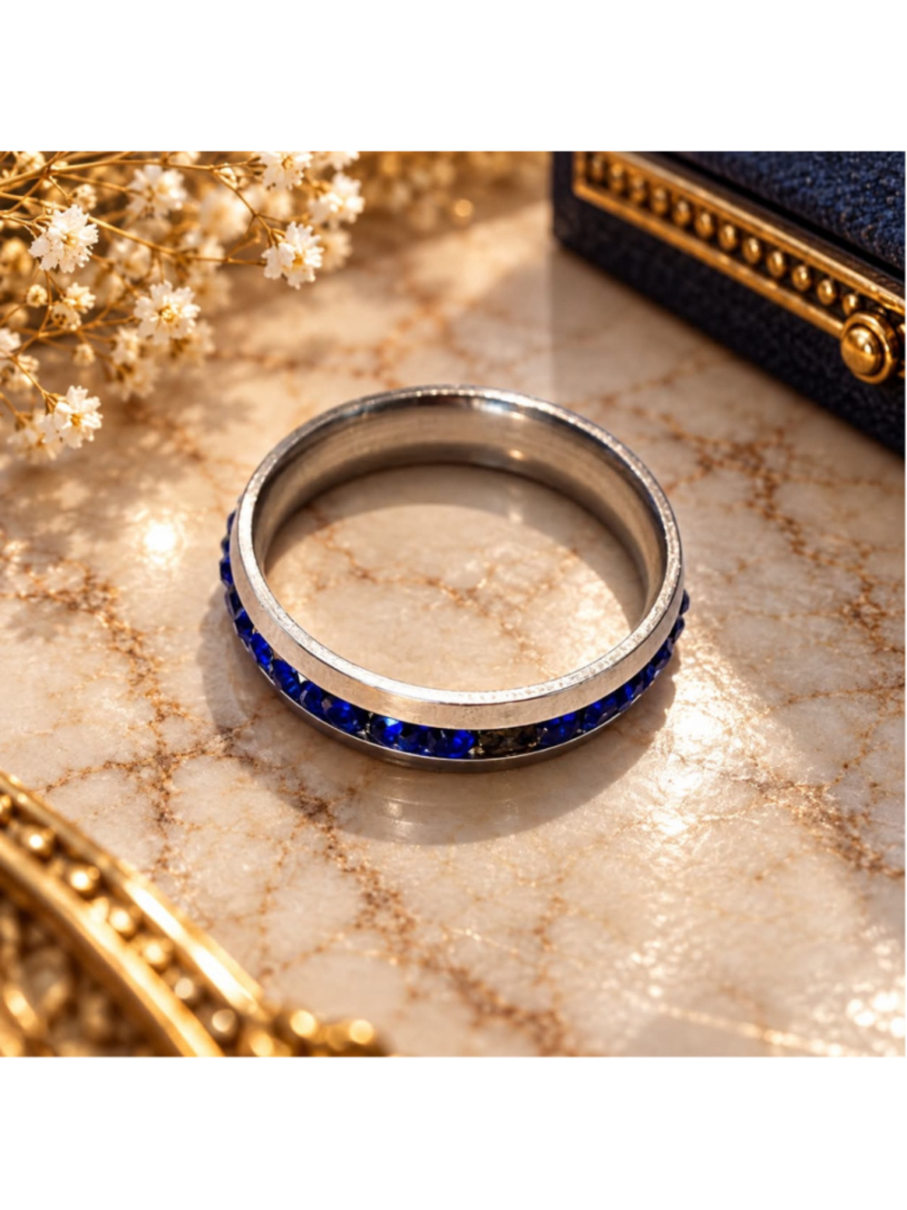 Women's Silver Band Ring with Blue Stones Size 12